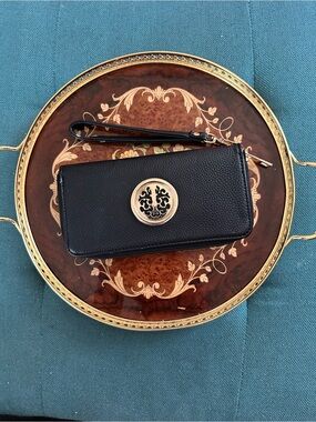 Black Wristlet Wallet with Gold Medallion